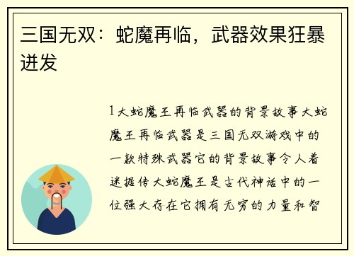 三国无双：蛇魔再临，武器效果狂暴迸发